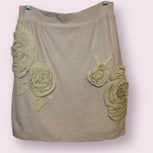 Anthropologie Knitted & Knotted Wool Skirt Rosette Flower Appliqués Cream Small